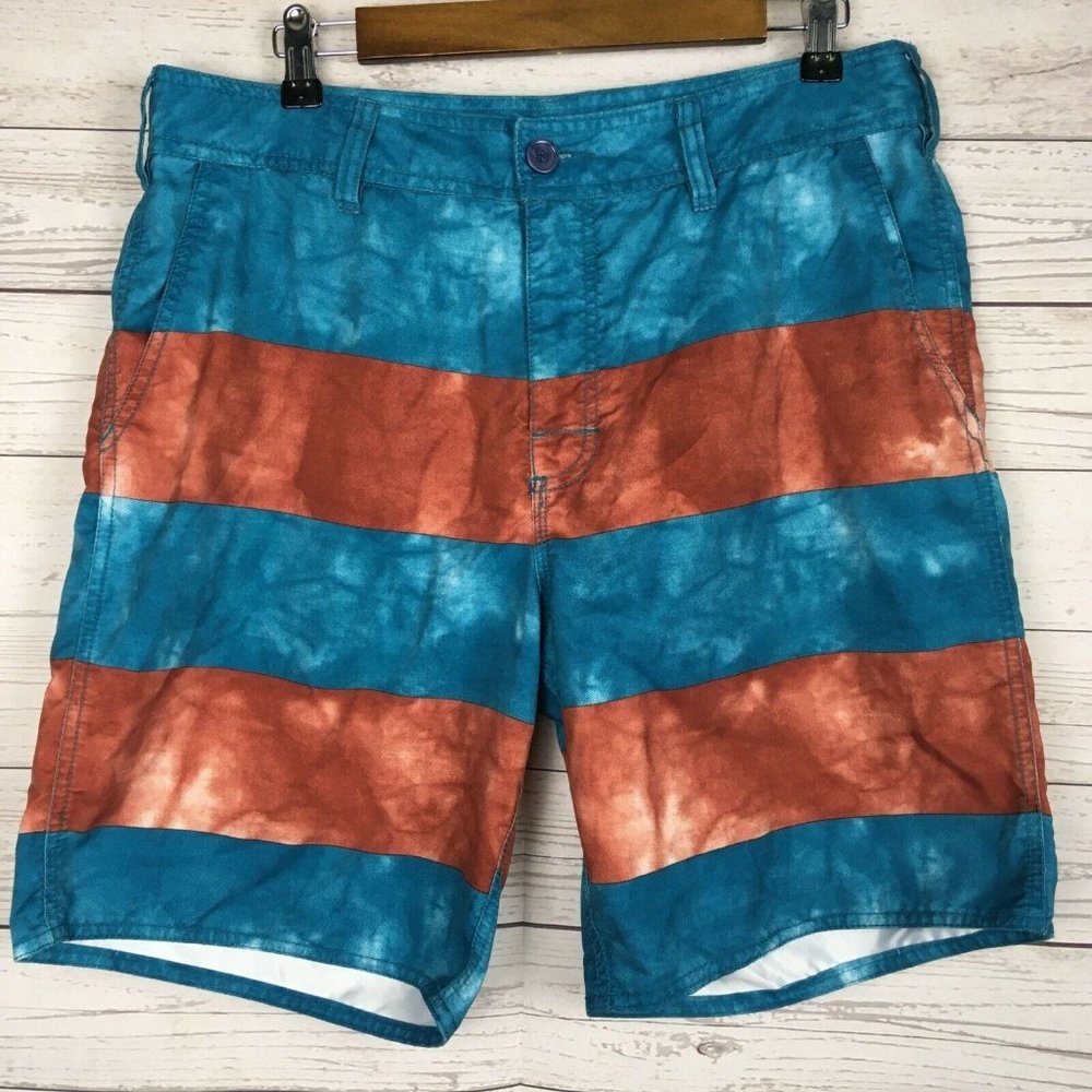 RVCA Mens Board Shorts sz 34 Classic Non Stretch Striped Blue Red Beach Pool Fun